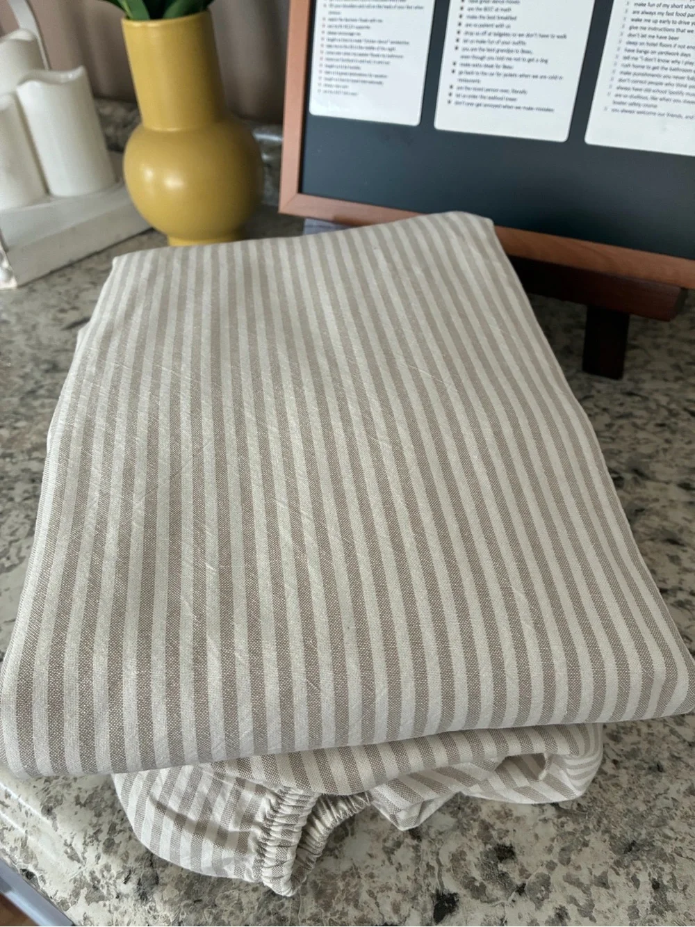 Pottery Barn Twin XL XLT Boxter Organic Cotton Sheet Set Ivory Latte Stripe Dorm